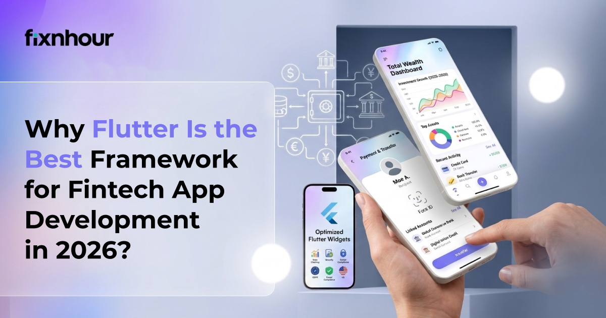 Flutter fintech app development illustration showing secure mobile banking interface and cross-platform app design